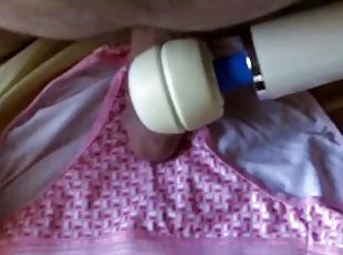 Hitachi cumming on pink satin panties