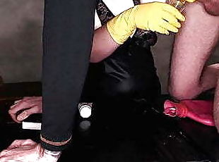 Evening milking with rubber gloves (cum in a glass)