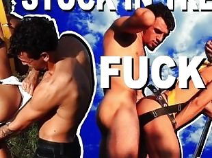 Boy gets suck trimming a tree in his harness and his friends FUCK him raw before blowing their loads
