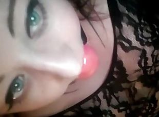 BBW submissive slut wearing lace bodystocking in ball gagged masturbation