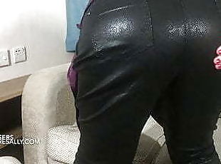 Granny Sally&#039;s huge arse in tight shiny trousers