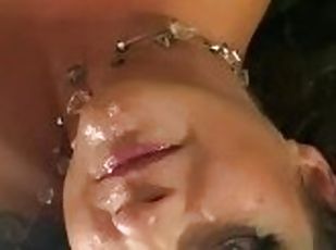 Hot cheating housewife gets a facial and swallows the neighbors cum.