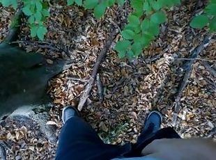 Guy pees in the forest and gets horny and jerks off until he squirts cum in slow motion