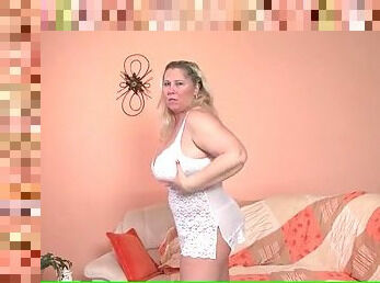 BBW blonde models white lace lingerie