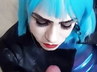 Blue haired goth t-girl sucks big cock