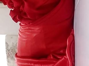 Red satin long dress pleasure and cum