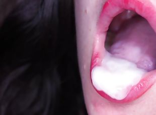 Close-up Red Lips Blowjob, Tongue Play And Oral Creampie