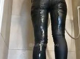 asien, baden, schwarz, blondine, fest-tight, dusche, hosen, weiß, nass