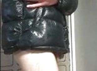 Shower in down jacket dirty of sperm, lubrificant and piss