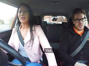 Driving instructor lets a brunette ride his meaty gear lever