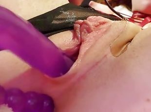 Filthy slut using fuck machine in both holes