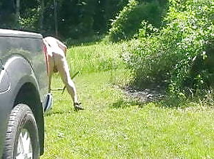 Old man works in yard