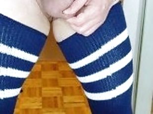 Thigh high sock, heels, a dress and loads of cum