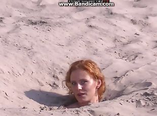 Ginger Chubby Girl Falls In The Sand And Takes All Clothes Off