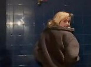 Cute blonde alt girl pisses in public urinal