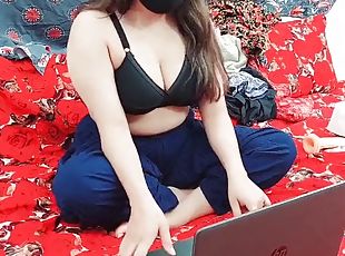 Pakistani mom watching porn on laptop and masturbating with dildo in ass and pussy with loud moans