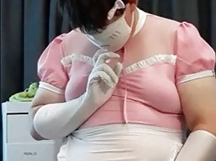 Chubby femboy in maid overalls cums