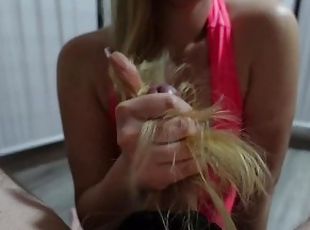 long hair blonde teen gives hairjob, cum on hair