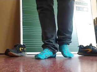 Twink boy in colourful socks and shoes. Feetplay and shoeplay in school's secret room