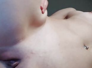 Orgasm of a girl with small tits from hard hot sex. Real sex close up
