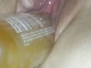 Stretching Her Hot Pussy To Orgasm With An Ice Bottlle For The First Time HOT!