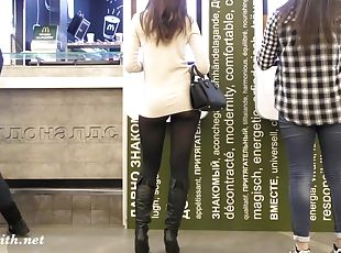 Jeny Smith flashes her seamless pantyhose in public. Spy cam shows her walking in completely see through clothes