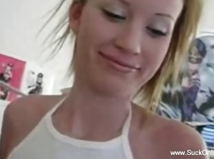 She gently sucks the cock until they reach the cum