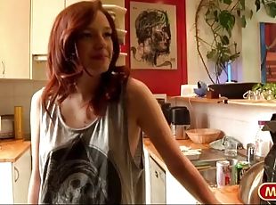 Redhead young cutie gives blowjob
