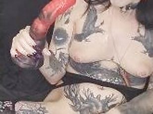 Petite tattooed goth deepthroats and fucks dragon dildo