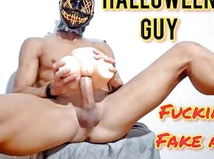 Halloween guy fucking a fake ass in a chair - moaning and cumming inside